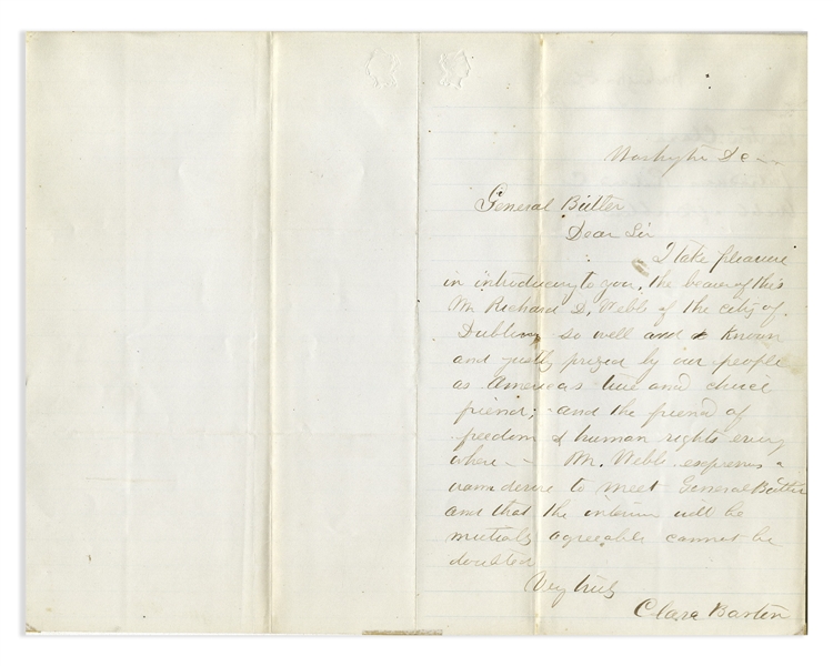 Clara Barton Autograph Letter Signed to General Benjamin Butler, Introducing Butler to the Irish Abolitionist Richard D. Webb -- ''...the friend of freedom & human rights everywhere...''